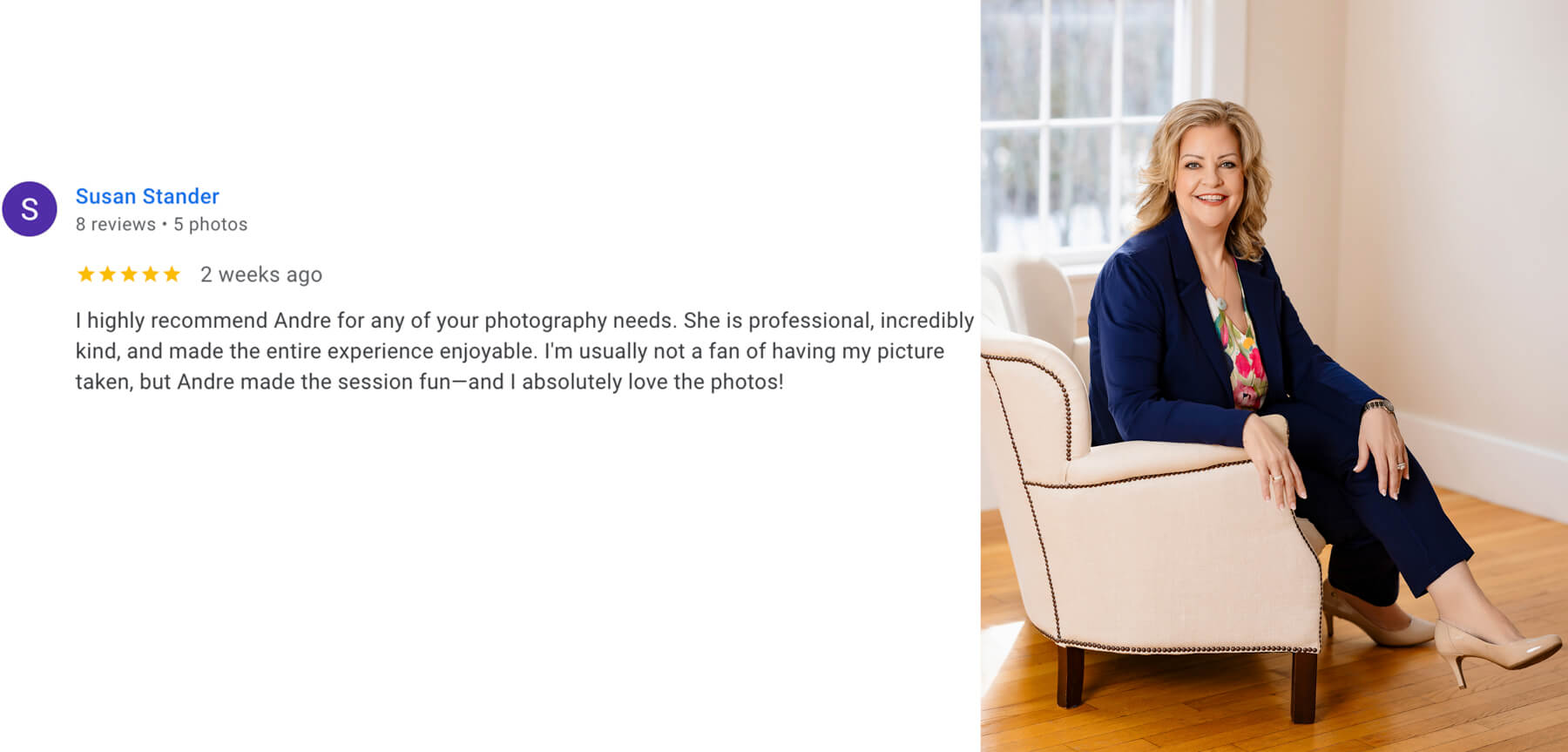 google review and woman headshot in studio Lexington
